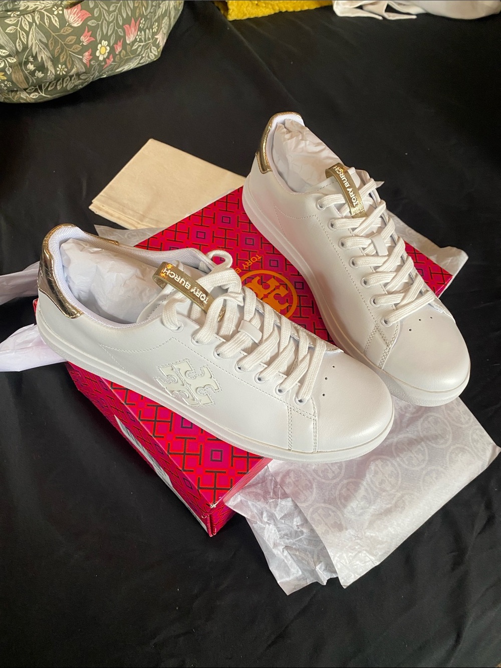 Tory Burch White Leather Sneakers with Gold Heel Tab and Logo